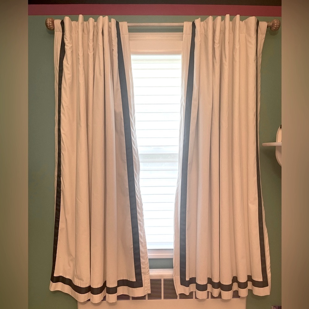 Pottery Barn Black Out White/Blue ribbon drapes 44” x 63” 4 panels (two windows)